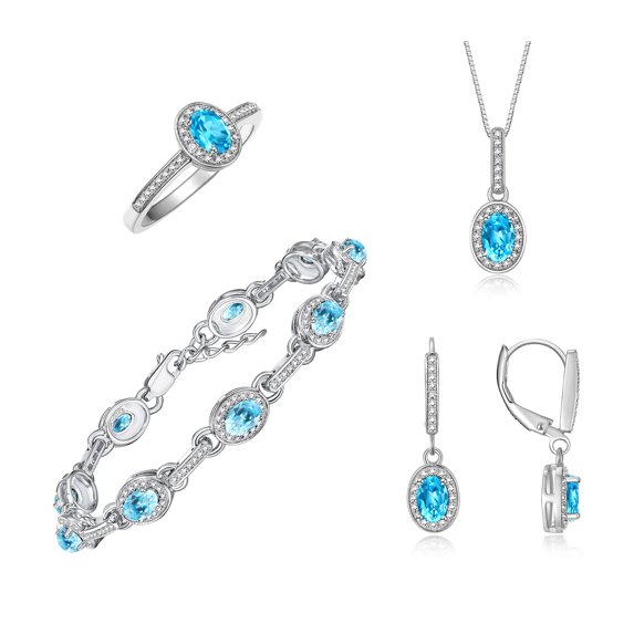 RYLOS Matching Jewelry: Sterling Silver Designer Halo Tennis Bracelet, Earrings, Ring & Necklace. Blue Topaz December Birthstone; Size 10