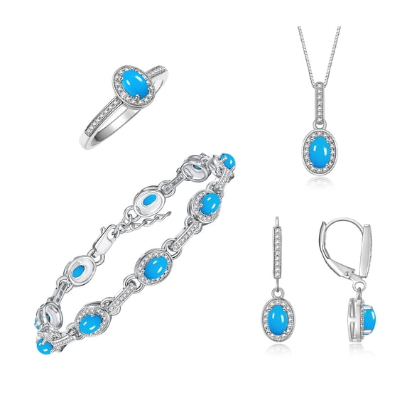 RYLOS Matching Jewelry: Sterling Silver Designer Halo Tennis Bracelet, Earrings, Ring & Necklace. Turquoise December Birthstone; Size 9