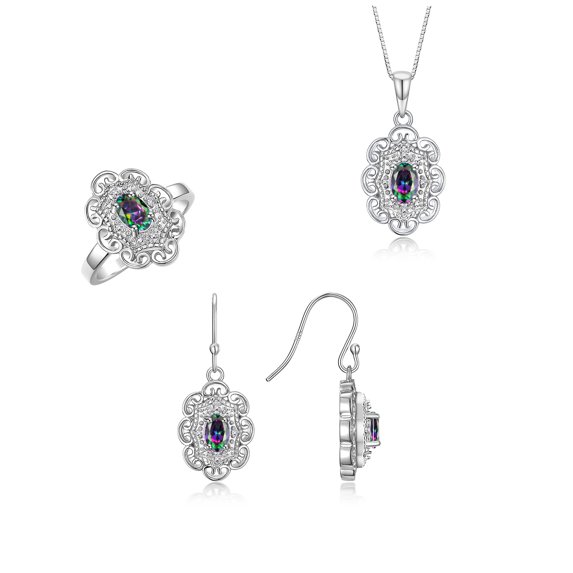 RYLOS Matching Jewelry Sterling Silver Floral Halo Pendant Necklace, Earrings & Ring. Gemstone & Genuine Diamonds, 18" Chain. 6X4MM Alexandrite June Birthstone; Size 8
