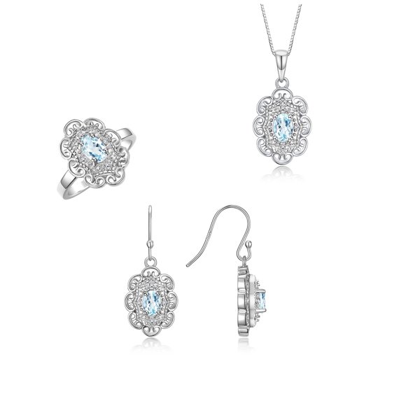 RYLOS Matching Jewelry Sterling Silver Floral Halo Pendant Necklace, Earrings & Ring. Gemstone & Genuine Diamonds, 18" Chain. 6X4MM Aquamarine March Birthstone; Size 10