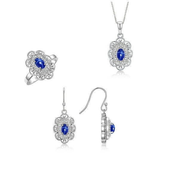 RYLOS Matching Jewelry Sterling Silver Floral Halo Pendant Necklace, Earrings & Ring. Gemstone & Genuine Diamonds, 18" Chain. 6X4MM Blue Star Sapphire September Birthstone; Size 7
