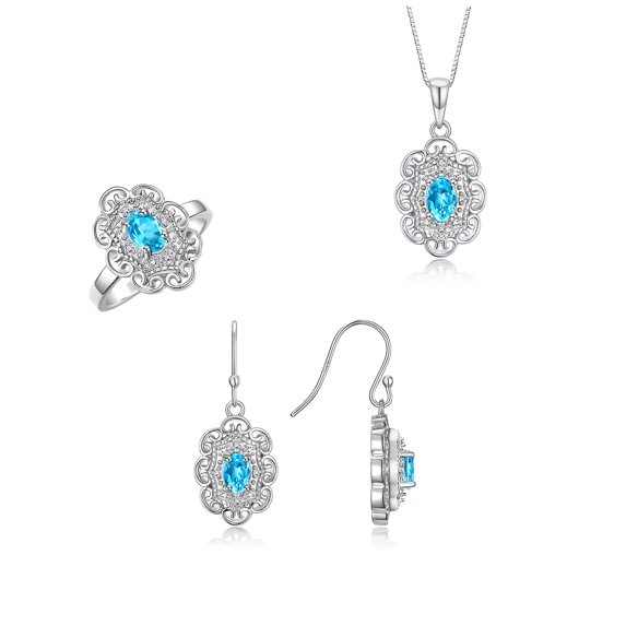 RYLOS Matching Jewelry Sterling Silver Floral Halo Pendant Necklace, Earrings & Ring. Gemstone & Genuine Diamonds, 18" Chain. 6X4MM Blue Topaz December Birthstone; Size 6