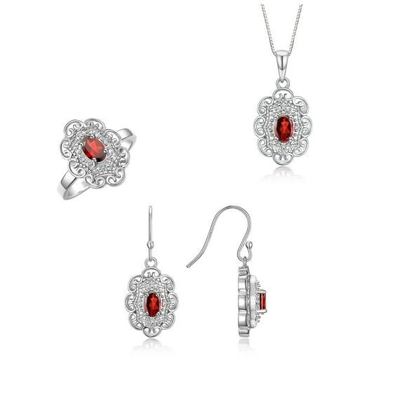 RYLOS Matching Jewelry Sterling Silver Floral Halo Pendant Necklace, Earrings & Ring. Gemstone & Genuine Diamonds, 18" Chain. 6X4MM Garnet January Birthstone; Size 9