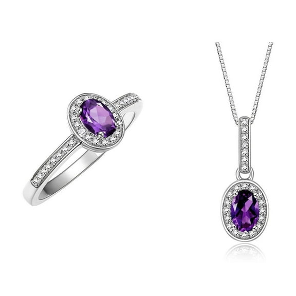 RYLOS Matching Jewelry Sterling Silver Floral Halo Pendant Necklace & Matching Ring. Gemstone & Genuine Diamonds, 18" Chain. 6X4MM Amethyst February Birthstone Jewelry Size 5