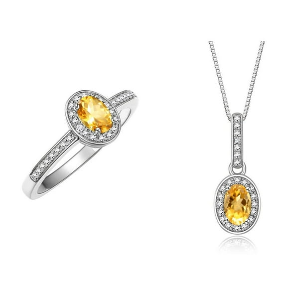 RYLOS Matching Jewelry Sterling Silver Floral Halo Pendant Necklace & Matching Ring. Gemstone & Genuine Diamonds, 18" Chain. 6X4MM Citrine November Birthstone Jewelry Size 5