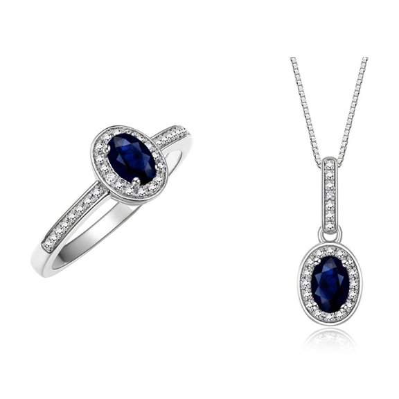 RYLOS Matching Jewelry  Sterling Silver Floral Halo Pendant Necklace & Matching Ring. Gemstone & Genuine Diamonds, 18" Chain. 6X4MM  Sapphire September Birthstone Jewelry Size 5