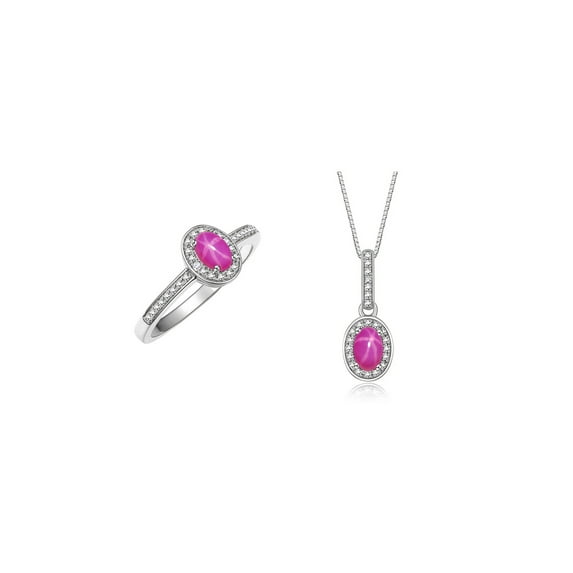 RYLOS Matching Jewelry Sterling Silver Floral Halo Pendant Necklace & Matching Ring. Gemstone & Genuine Diamonds, 18" Chain. 6X4MM Star Ruby July Birthstone Jewelry Size 6