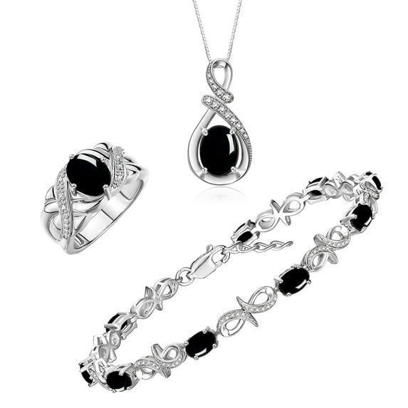 RYLOS Matching Jewelry Sterling Silver Love Knot Set: Tennis Bracelet, Ring & Necklace. Gemstone & Diamonds, 7"-8" Wrist & 18" Chain, 9X7MM & 6X4MM Cabochon Onyx Birthstone; Size 7