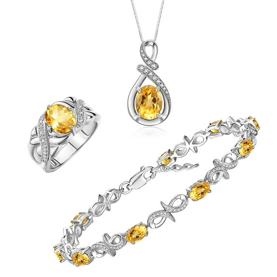 RYLOS Matching Jewelry Sterling Silver Love Knot Set: Tennis Bracelet, Ring & Necklace. Gemstone & Diamonds, 7"-8" Wrist & 18" Chain, 9X7MM & 6X4MM Citrine Birthstone; Size 10