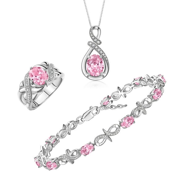 RYLOS Matching Jewelry Sterling Silver Love Knot Set: Tennis Bracelet, Ring & Necklace. Gemstone & Diamonds, 7"-8" Wrist & 18" Chain, 9X7MM & 6X4MM Pink Ice Birthstone; Size 9