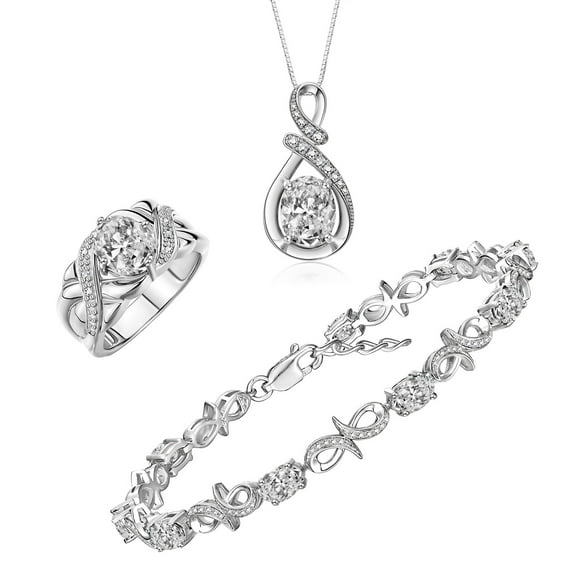 RYLOS Matching Jewelry Sterling Silver Love Knot Set: Tennis Bracelet, Ring & Necklace. Gemstone & Diamonds, 7"-8" Wrist & 18" Chain, 9X7MM & 6X4MM White Topaz Birthstone; Size 8