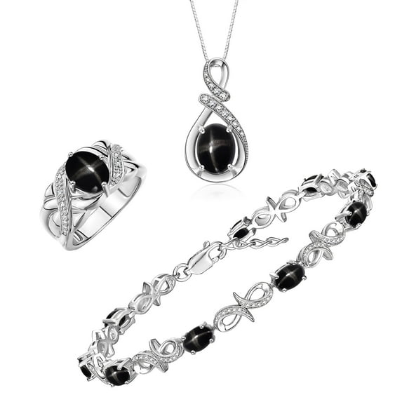 RYLOS Matching Jewelry Sterling Silver Love Knot Set: Tennis Bracelet, Ring & Necklace. Gemstone & Diamonds, 9X7MM & 6X4MM Black Star Sapphire Birthstone; Size 8