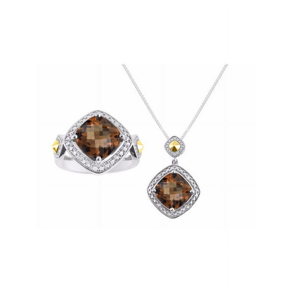 RYLOS Matching Jewelry Sterling Silver Ring & Necklace. Exotic Gemstone & Diamonds, Smoky Quartz June Birthstone; Size 6