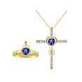 thumbnail image 1 of RYLOS Matching Jewelry Yellow Gold Plated Silver Claddagh Ring & Cross Necklace. Heart Gemstone & Diamonds, 6MM Blue Star Sapphire Birthstone; Size 9, 1 of 6