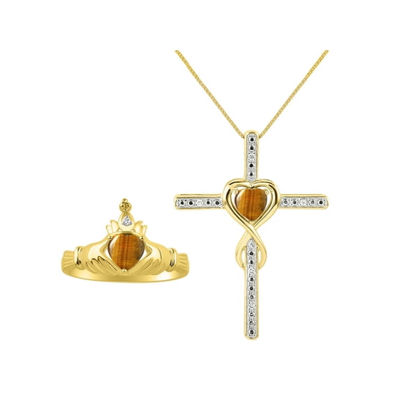 RYLOS Matching Jewelry Yellow Gold Plated Silver Claddagh Ring & Cross Necklace. Heart Gemstone & Diamonds, 6MM Tiger Eye November Birthstone; Size 6