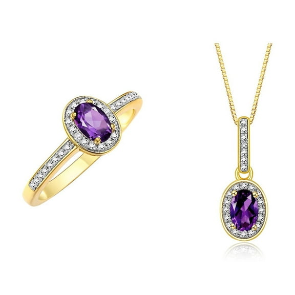 RYLOS Matching Jewelry  Yellow Gold Plated Silver Floral Halo Set: Pendant Necklace & Matching Ring. Gemstone & Genuine Diamonds, 18" Chain. 6X4MM Amethyst February Birthstone Jewelry Size 5