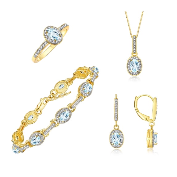 RYLOS Matching Jewelry: Yellow Gold Plated Silver Halo Designer - Tennis Bracelet, Earrings, Ring & Necklace. Aquamarine March Birthstone; Size 6