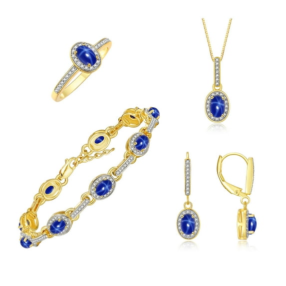 RYLOS Matching Jewelry: Yellow Gold Plated Silver Halo Designer - Tennis Bracelet, Earrings, Ring & Necklace. Blue Star Sapphire Jewelry Sizes 5-10 Size 5