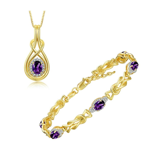 RYLOS Matching Jewelry Yellow Gold Plated Silver Love Knot Set: Tennis Bracelet & Necklace. Gemstone & Diamonds, 7"-8" Adjustable Wrist, 18" Chain. 9X7MM & 6X4MM Amethyst February Birthstone Jewelry