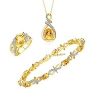 RYLOS Matching Jewelry Yellow Gold Plated Silver Love Knot Set Tennis Bracelet, Ring & Necklace. Gemstone & Diamonds, 9X7MM & 6X4MM Citrine Birthstone; Size 7