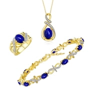 RYLOS Matching Jewelry Yellow Gold Plated Silver Love Knot Set Tennis Bracelet, Ring & Necklace. Gemstone & Diamonds, 9X7MM & 6X4MM Lapis Birthstone; Size 8