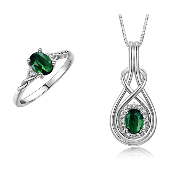 RYLOS Matching Love Knot Jewelry Set 14K White Gold Ring & Pendant Necklace. Gemstone & Diamonds, 8X6MM & 7X5MM Green Sapphire Birthstone; Size 9
