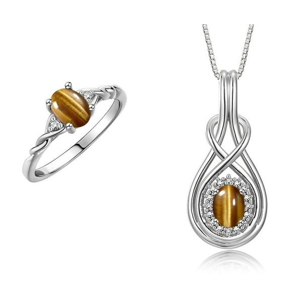RYLOS Matching Love Knot Jewelry Set 14K White Gold Ring & Pendant Necklace. Gemstone & Diamonds, 8X6MM & 7X5MM Tiger Eye November Birthstone; Size 6