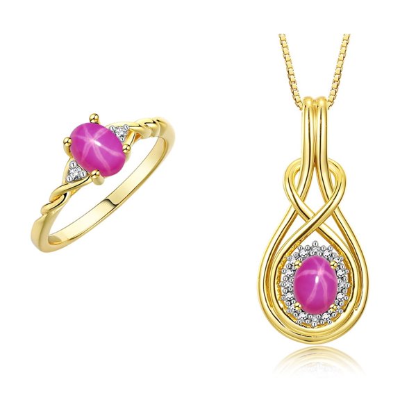 RYLOS Matching Love Knot Jewelry Set 14K Yellow Gold Ring & Necklace W/ 18" Chain Gemstone & Diamonds 8X6MM & 7X5MM Star Ruby July Birthstone; Size 5