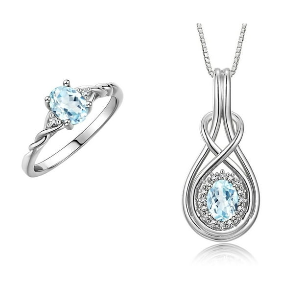 RYLOS Matching Love Knot Jewelry Set Sterling Silver Ring & Pendant Necklace. Gemstone & Diamonds, 8X6MM & 7X5MM  Aquamarine March Birthstone; Size 10