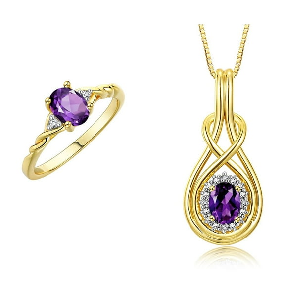 RYLOS Matching Love Knot Jewelry Set Yellow Gold Plated Silver Gold Ring & Pendant Necklace. Gemstone & Diamonds, 8X6MM & 7X5MM Amethyst February Birthstone; Size 5