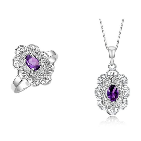 RYLOS Matching Set 14K White Gold Floral Halo Design: Pendant Necklace & Ring. Gemstone & Diamonds, 18" Chain. 6X4MM Amethyst February Birthstone; Size 5