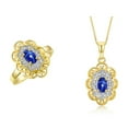 thumbnail image 1 of RYLOS Matching Set 14K Yellow Gold Floral Pattern Halo Pendant Necklace & Ring. Gemstone & Diamonds, 18" Chain. 6X4MM Blue Star Sapphire September Birthstone; Size 10, 1 of 9
