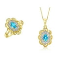 thumbnail image 1 of RYLOS Matching Set 14K Yellow Gold Floral Pattern Halo Pendant Necklace & Ring. Gemstone & Diamonds, 18" Chain. 6X4MM Blue Topaz December Birthstone; Size 7, 1 of 9