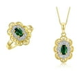 thumbnail image 1 of RYLOS Matching Set 14K Yellow Gold Floral Pattern Halo Pendant Necklace & Ring. Gemstone & Diamonds, 18" Chain. 6X4MM Green Sapphire September Birthstone; Size 6, 1 of 9
