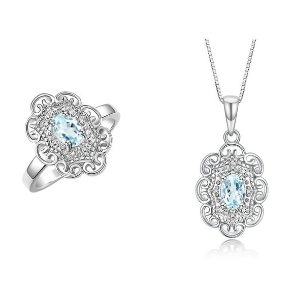 RYLOS Matching Set Sterling Silver Floral Halo Pendant Necklace & Ring. Gemstone & Diamonds, 18" Chain. 6X4MM Aquamarine March Birthstone; Size 5