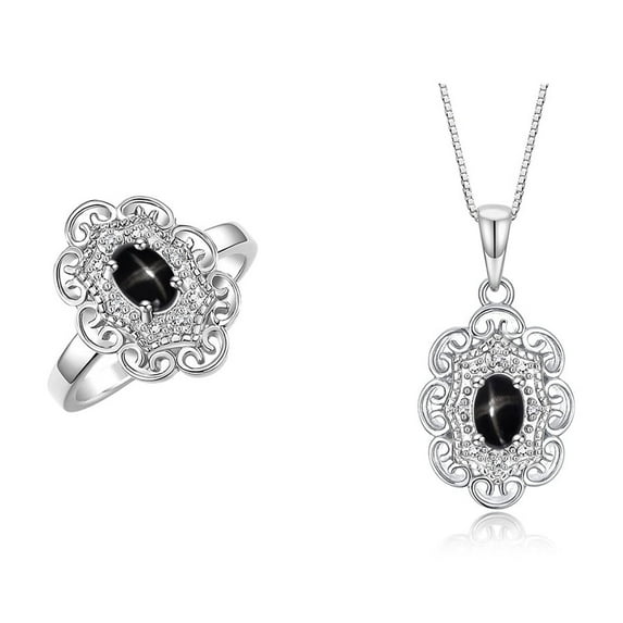 RYLOS Matching Set Sterling Silver Floral Halo Pendant Necklace & Ring. Gemstone & Diamonds, 18" Chain. 6X4MM Black Star Sapphire March Birthstone; Size 9