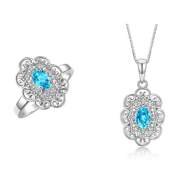 RYLOS Matching Set Sterling Silver Floral Halo Pendant Necklace & Ring. Gemstone & Diamonds, 18" Chain. 6X4MM Blue Topaz December Birthstone; Size 10