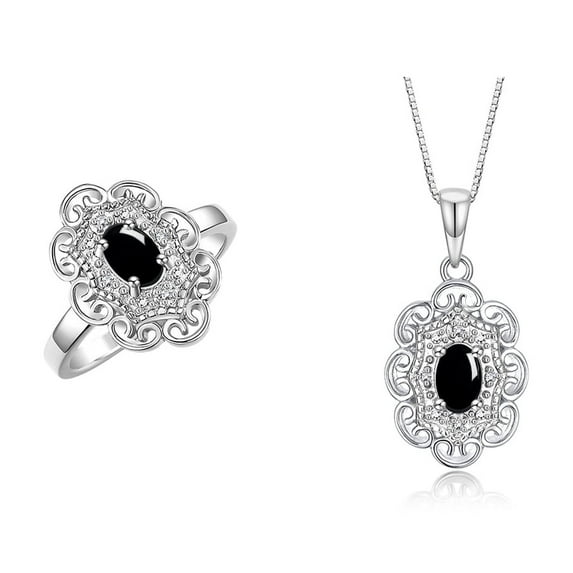 RYLOS Matching Set Sterling Silver Floral Halo Pendant Necklace & Ring. Gemstone & Diamonds, 18" Chain. 6X4MM Cabochon Onyx October Birthstone; Size 8