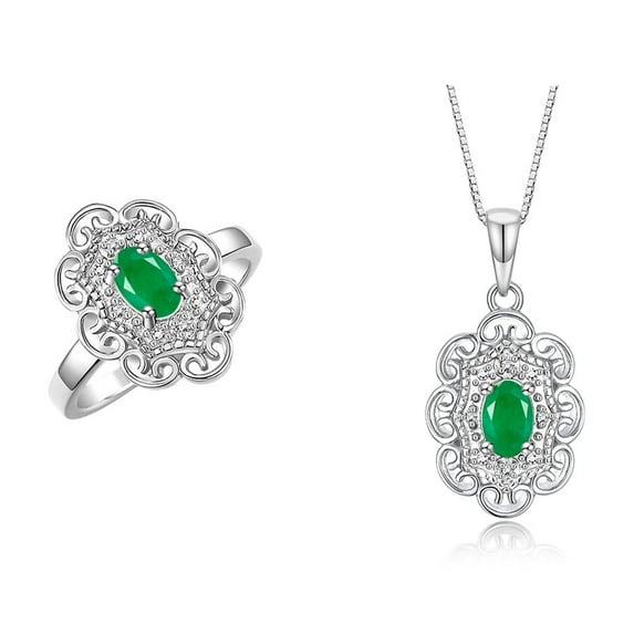 RYLOS Matching Set Sterling Silver Floral Halo Pendant Necklace & Ring. Gemstone & Diamonds, 18" Chain. 6X4MM Emerald May Birthstone; Size 5