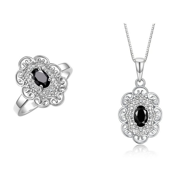 RYLOS Matching Set Sterling Silver Floral Halo Pendant Necklace & Ring. Gemstone & Diamonds, 18" Chain. 6X4MM Onyx October Birthstone; Size 9