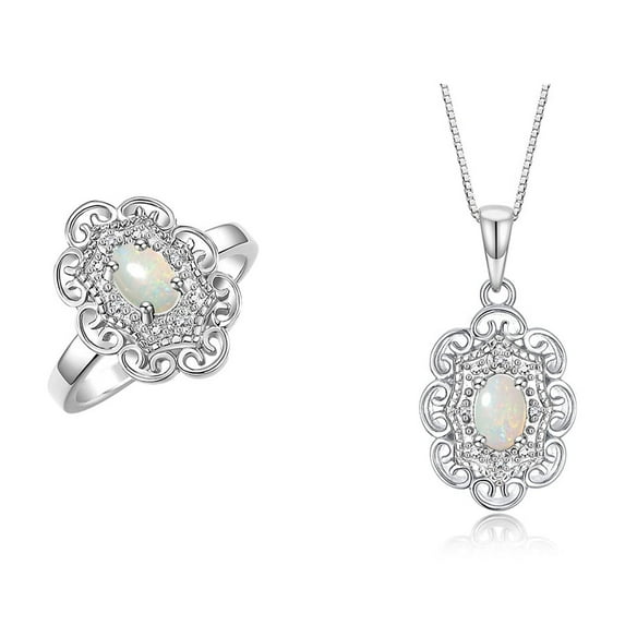 RYLOS Matching Set Sterling Silver Floral Halo Pendant Necklace & Ring. Gemstone & Diamonds, 18" Chain. 6X4MM Opal October Birthstone; Size 10