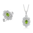 thumbnail image 1 of RYLOS Matching Set Sterling Silver Floral Halo Pendant Necklace & Ring. Gemstone &  Diamonds, 18" Chain. 6X4MM  Peridot August Birthstone; Size 9, 1 of 6