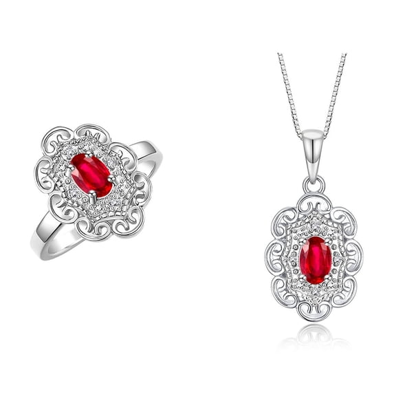 RYLOS Matching Set Sterling Silver Floral Halo Pendant Necklace & Ring. Gemstone & Diamonds, 18" Chain. 6X4MM Ruby July Birthstone; Size 8