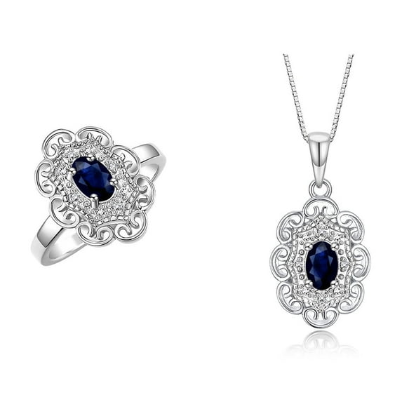 RYLOS Matching Set Sterling Silver Floral Halo Pendant Necklace & Ring. Gemstone & Diamonds, 18" Chain. 6X4MM Sapphire September Birthstone; Size 5