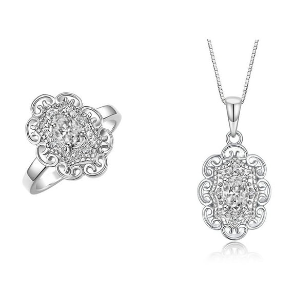 RYLOS Matching Set Sterling Silver Floral Halo Pendant Necklace & Ring. Gemstone & Diamonds, 18" Chain. 6X4MM White Topaz April Birthstone; Size 8