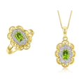 thumbnail image 1 of RYLOS Matching Set Yellow Gold Plated Silver Floral Halo Design: Pendant Necklace & Ring. Gemstone &  Diamonds, 18" Chain. 6X4MM Peridot August Birthstone; Size 8, 1 of 6