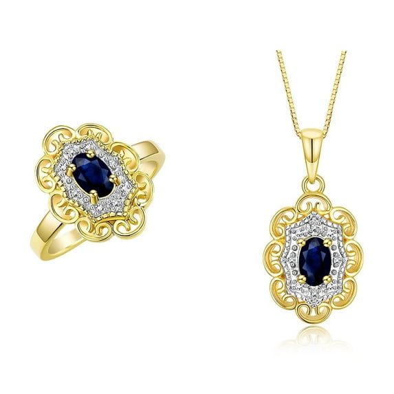 RYLOS Matching Set Yellow Gold Plated Silver Floral Halo Design: Pendant Necklace & Ring. Gemstone & Diamonds, 18" Chain. 6X4MM Sapphire September Birthstone; Size 9