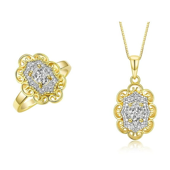 RYLOS Matching Set Yellow Gold Plated Silver Floral Halo Design: Pendant Necklace & Ring. Gemstone & Diamonds, 18" Chain. 6X4MM White Topaz April Birthstone; Size 6
