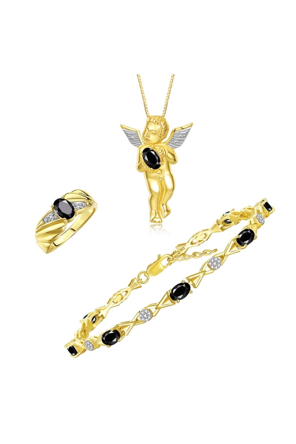 Matching jewelry Guardian Angel Yellow Gold Plated Set : Necklace, Tennis Bracelet, & Ring. Gemstone & Diamonds, 7"-8" Wrist & 18" Chain. Onyx Birthstone; Size 9