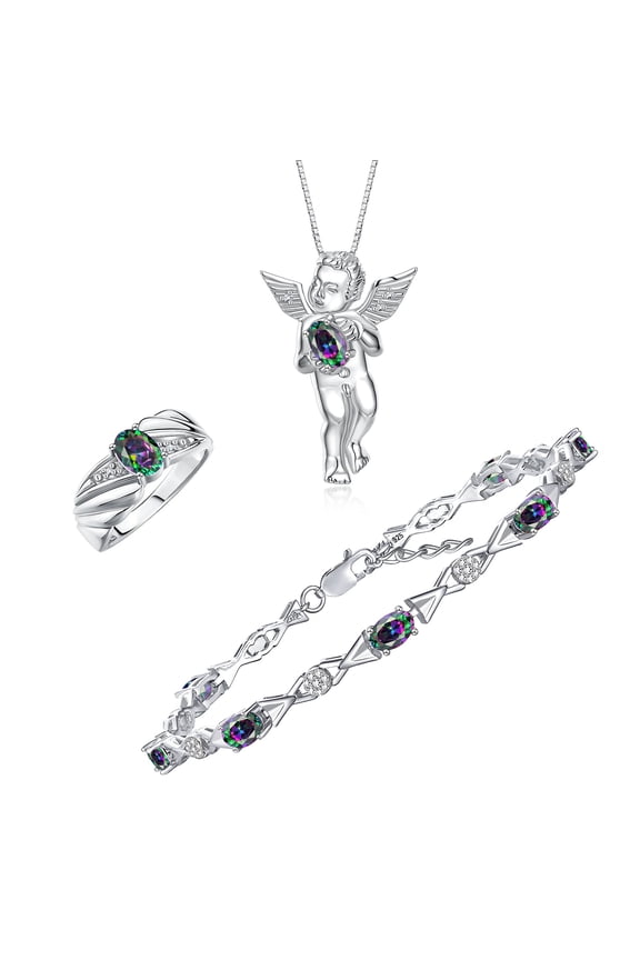 Matching jewelry Sterling Silver Guardian Angel Set: Necklace, Tennis Bracelet, & Ring. Gemstone & Diamonds, 7"-8" Wrist & 18" Chain.  Alexandrite June Birthstone; Size 5